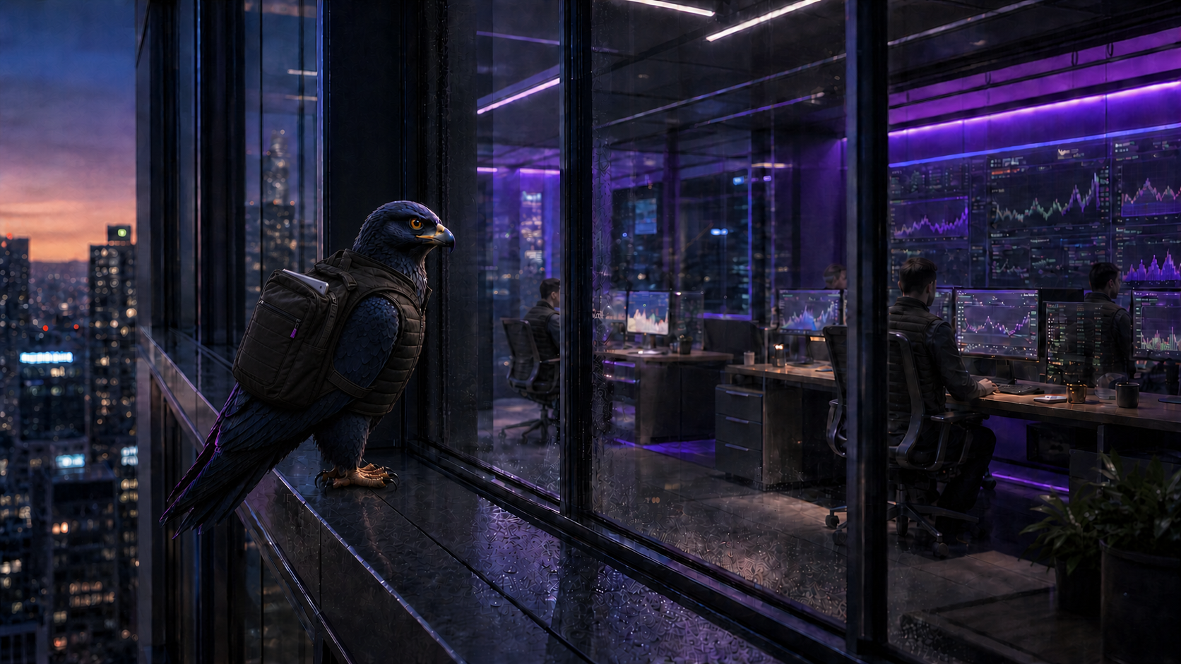 Kite with a work bag and operators in a purple-lit trading office